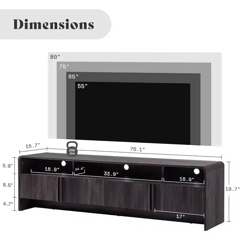 AMERLIFE 70 Modern TV Stand with Fluted Design & Storage Cabinets, for TVs up to 80, Wood Entertainment Center Media Console for Living Room