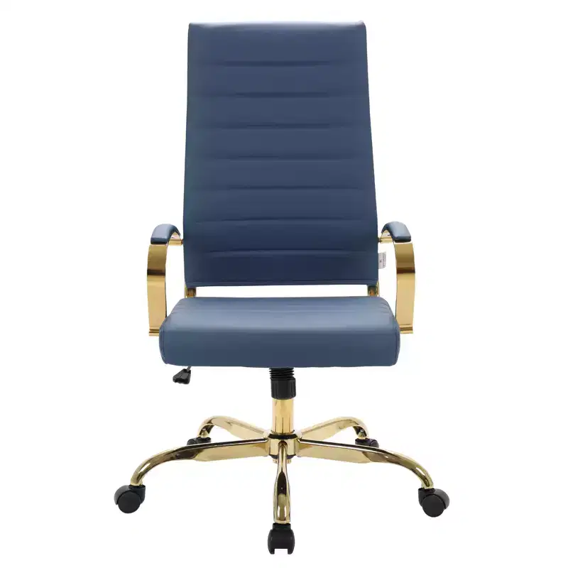 LeisureMod Benmar High-Back Ribbed Leather Office Chair - Modern Swivel & Tilt Executive Desk Chair - Gold Base