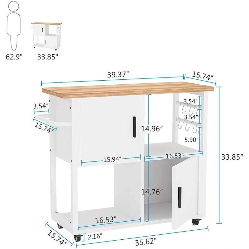 White Rolling Kitchen Island Cart with Wood Top Drawer Cabinet Open Shelf and Hooks