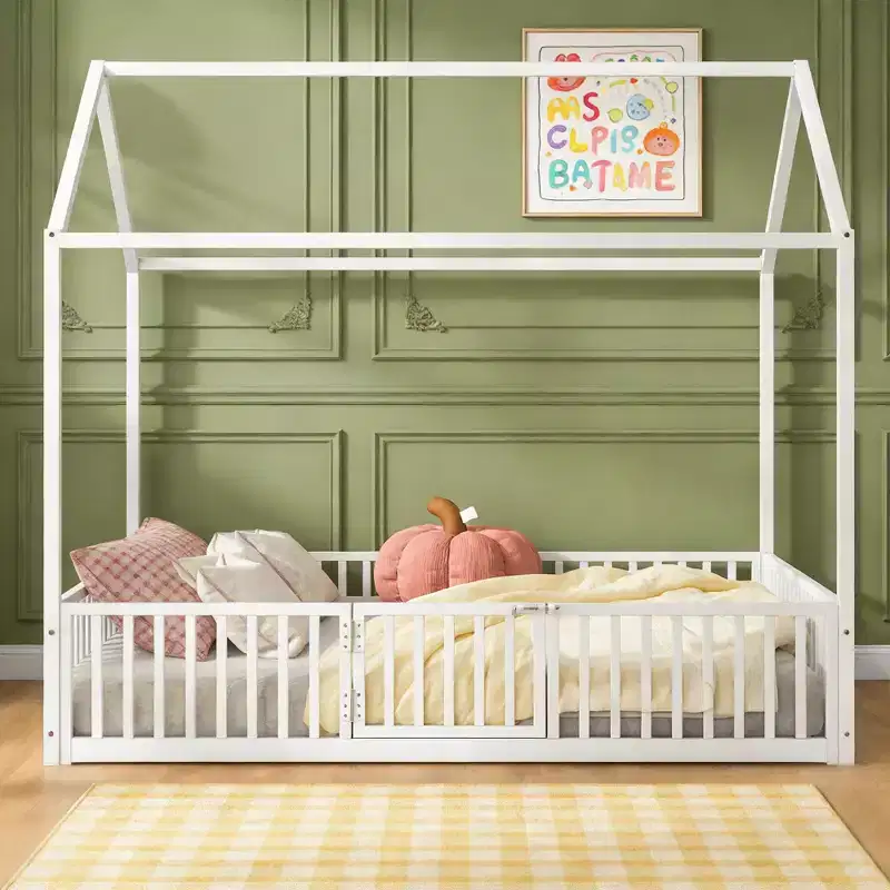 Luxystar Metal House Bed with Fence and Door for Kids's Room, White