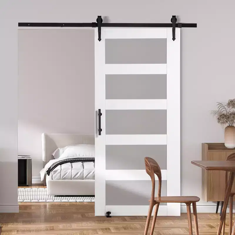 VEVOR Barn Door and Hardware Kit, 42 x 84 Wood and Glass Sliding Barn Door,Barn Door Kit with 8-in-1 Floor Guide and Door Handle,White&Black