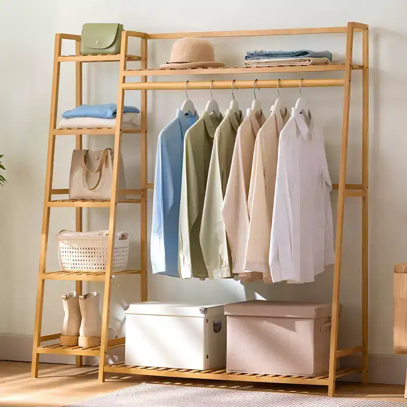 NAYSAYE Bamboo Garment Rack Clothes Hanger with Shoe Storage and Wardrobe Shelves for Living Room Bedroom Entryway Hall, Natural, 43.3*15.7*55.1