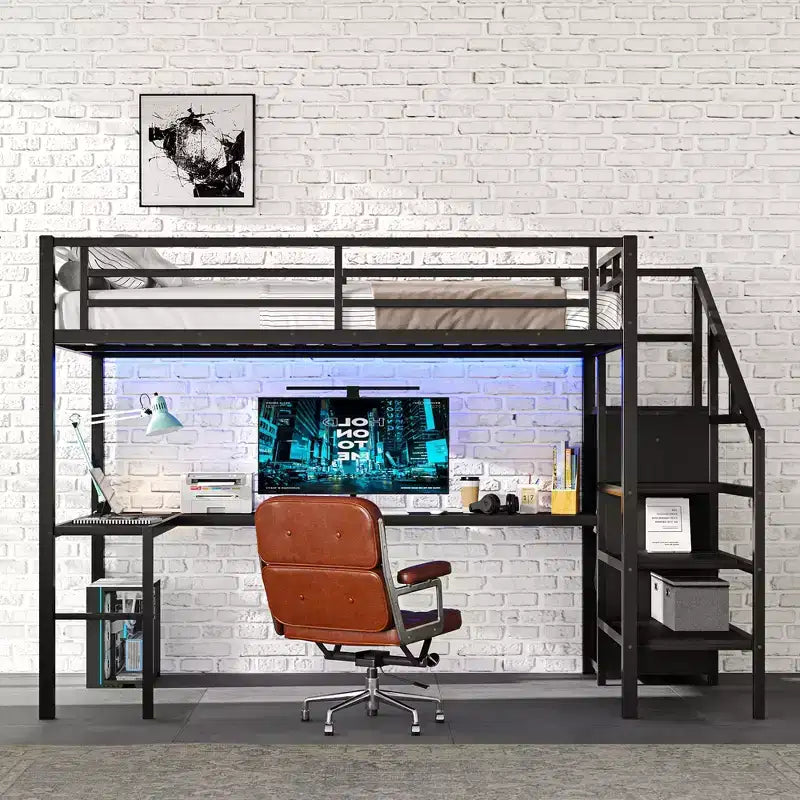 Full Size Loft Bed with L-shaped Desk and USB Metal Loft Bed with Wardrobe and Adjustable Shelf High Loft Bed with LED for Kids Teens Adults Black