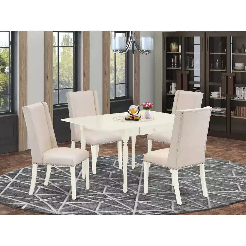 Medieval Kitchen Table Set - 5 Piece Dining Set - Hardwood Table & 4 Parsons Chairs - Linen White Finish