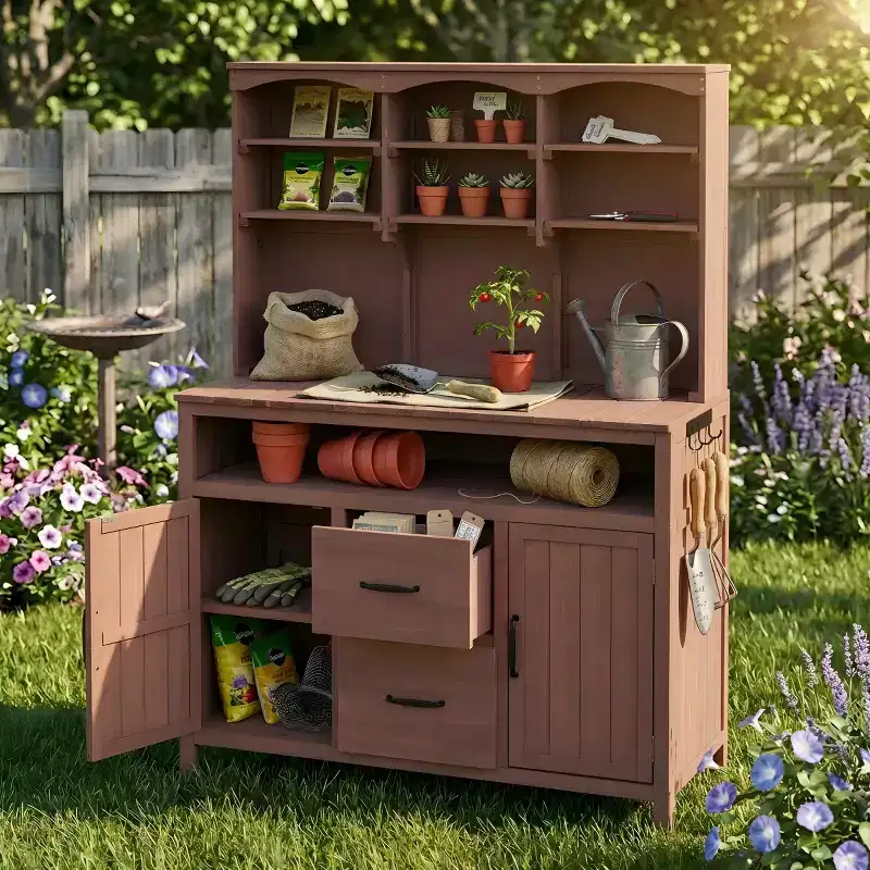 Outdoor Potting Bench with Hutch, Multi-Shelf Fir Wood Garden Workstation, Patio Kitchen Island, Cabinets, Large Countertop-Panipeachy