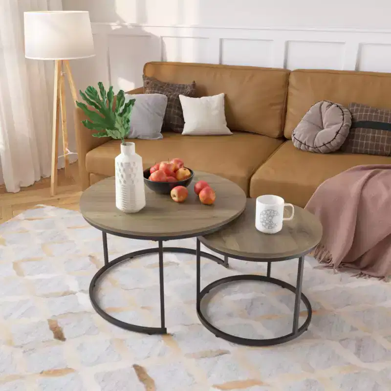 Nesting Coffee Table Set of 2, 27.6inch Round Coffee Table Wood Marble Pattern Top with Sturdy Metal Frame, End Table Side Tables