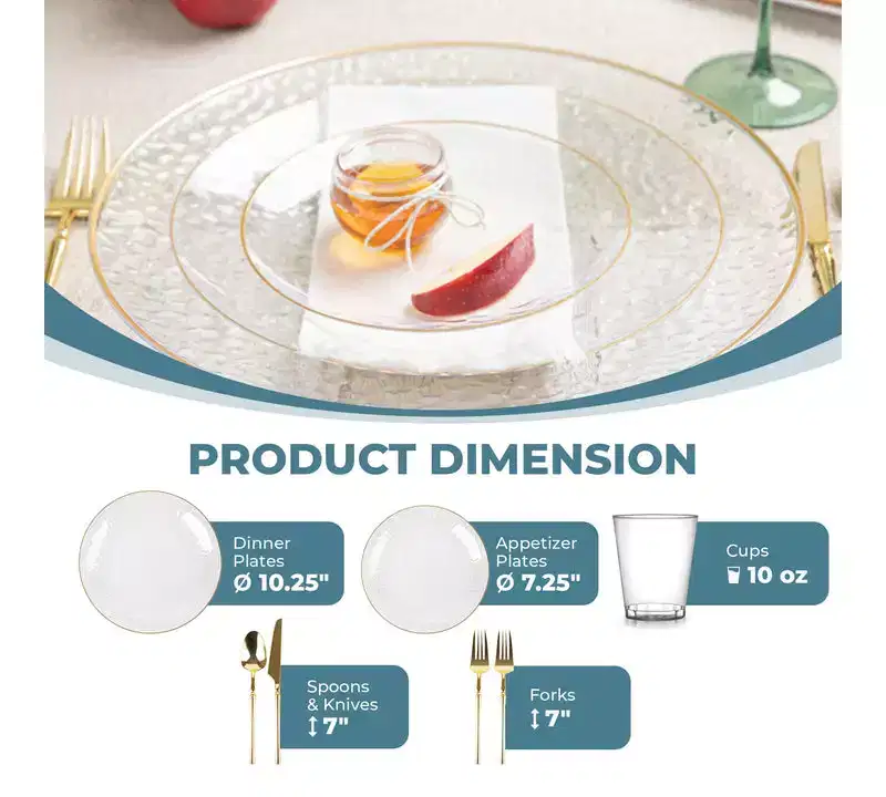 Posh Setting 140 Piece Clear And Gold Plastic Party Bundle - Organic Hammered (20 Settings)