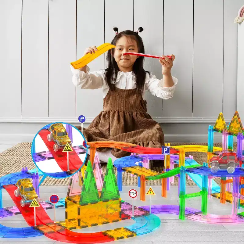 PICASSO-TILES Magnetic Tiles Race Track Expansion Set for Kids  6PCS STEM Construction Building Blocks Add-On Toy with Racing Ramp