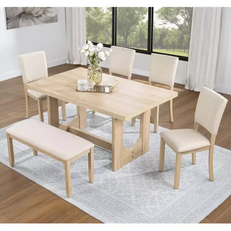 GDFStudio Kiley Modern 6 Piece Wooden Dining Table Set with Bench and Four Upholstered Chairs