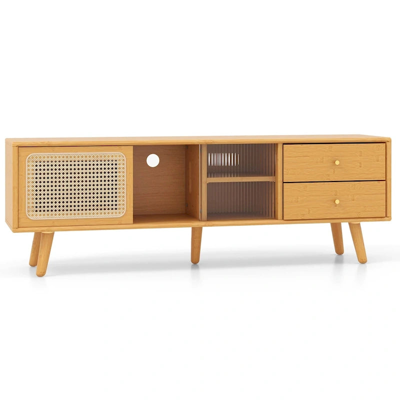 Bamboo TV Stand Console Table with Rattan Doors & 2 Drawers