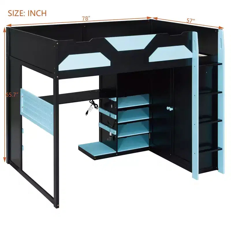 Luxystar Full Size Wood Loft Bed with Adjustable Desk, Wardrobe, Shelves & Pegboard