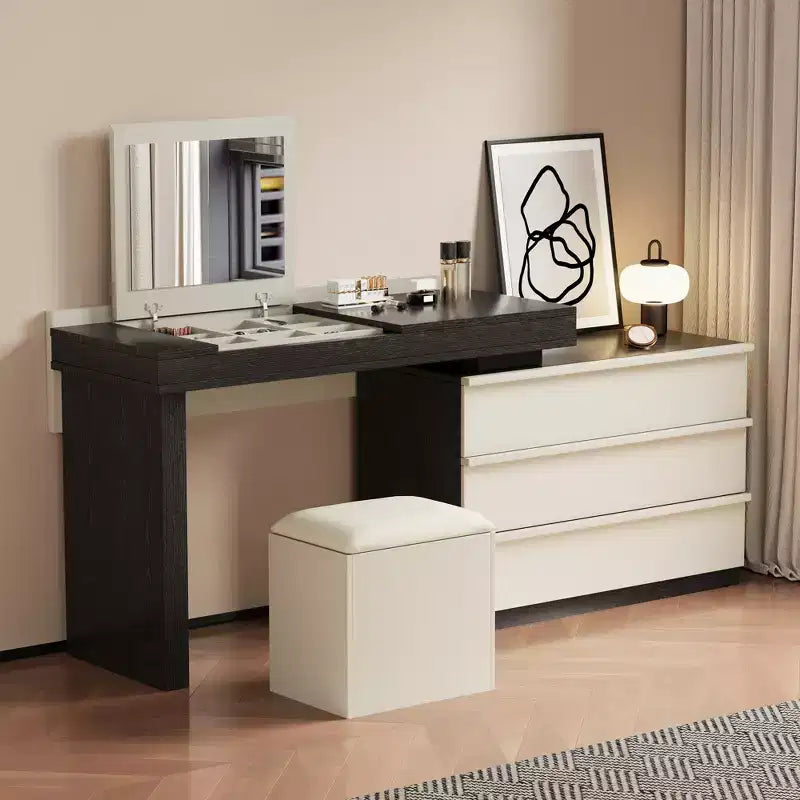 Expandable Modern Vanity Table with Mirror and Drawers, Black and White