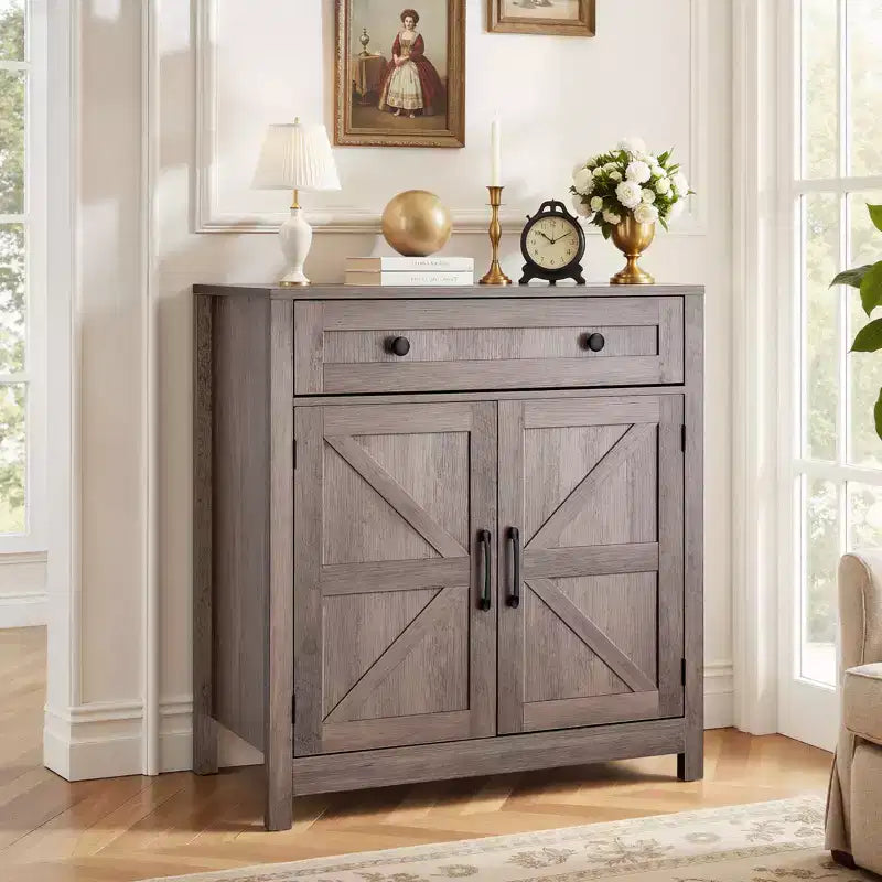 VEVOR Coffee Bar Cabinet, Farmhouse Coffee Bar Table with Drawer, Buffet Stand Cabinet with 2 Barn Doors, 29.5 x 14.7 x 31.5 in, Grey