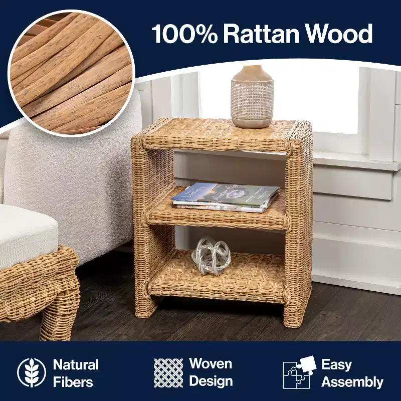 JONATHAN Y Praerie 22 Coastal Bohemian Rattan/Wood 3 Tier End Table, Natural