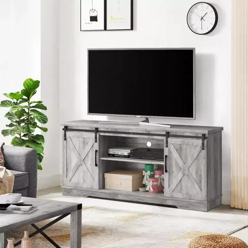 Farmhouse TV Stand for 65 Inch TVs, Barn Doors TV Stand with Storage and Shelves, Modern TV Console Table Furniture