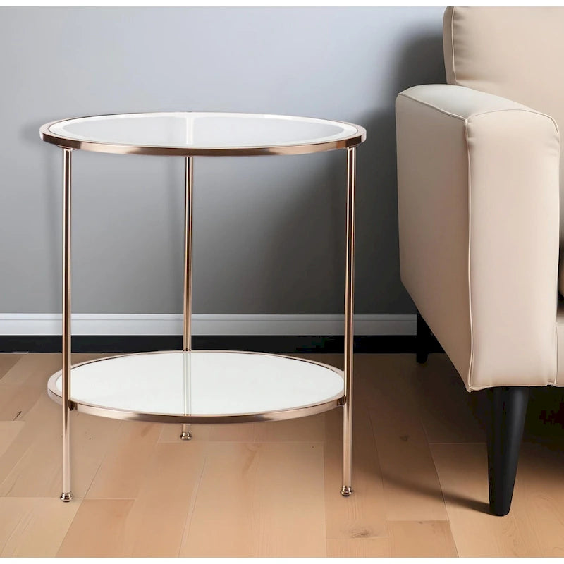 26 Inch Gold Glass and Iron Round End Table with Shelf