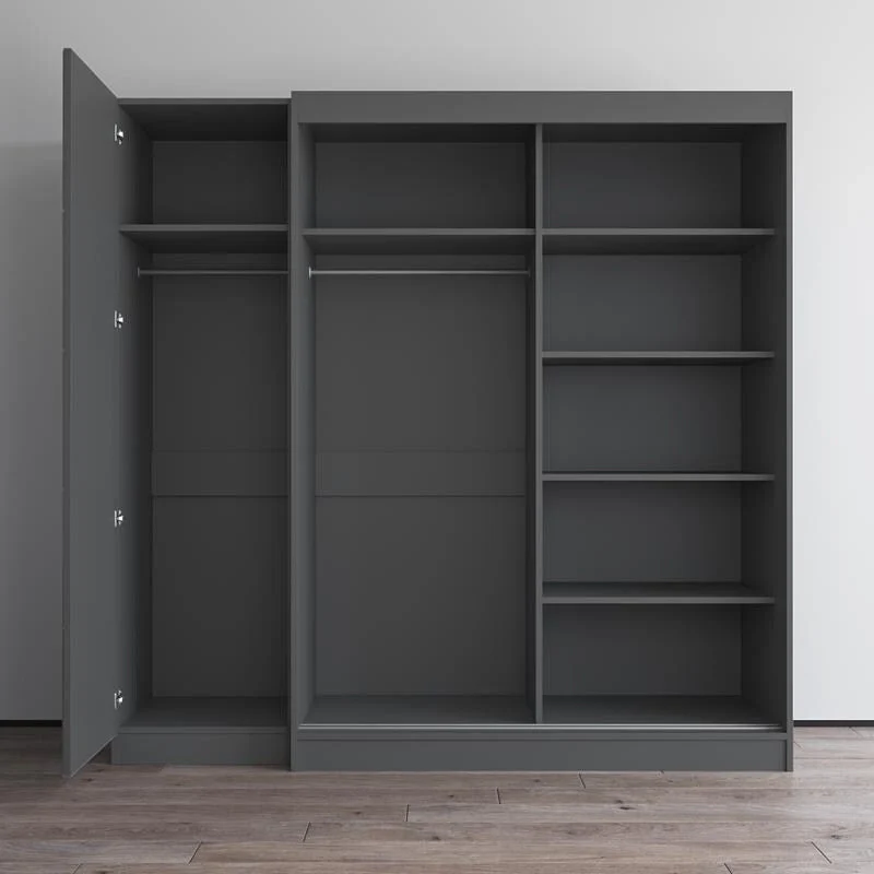 2-Door Wardrobe with Mirror, Glass Front, 2-Person (Gray / Black / White)