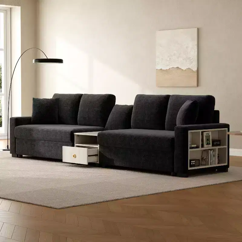 Christopher Knight Home Cale 127.9'' Modern 4-Seater Chenille Upholstered Sectional Sofa with Console, Storage Armrest and Pillows