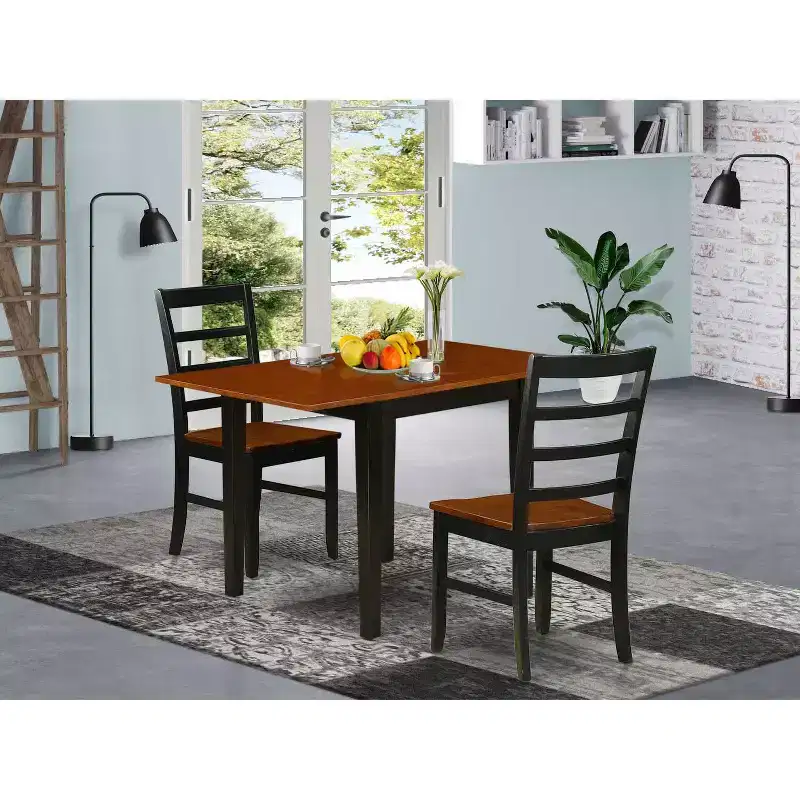 3-Piece Black and Cherry Finish Solid Wood Top Dining Table Set with Square Table and Ladderback Chairs