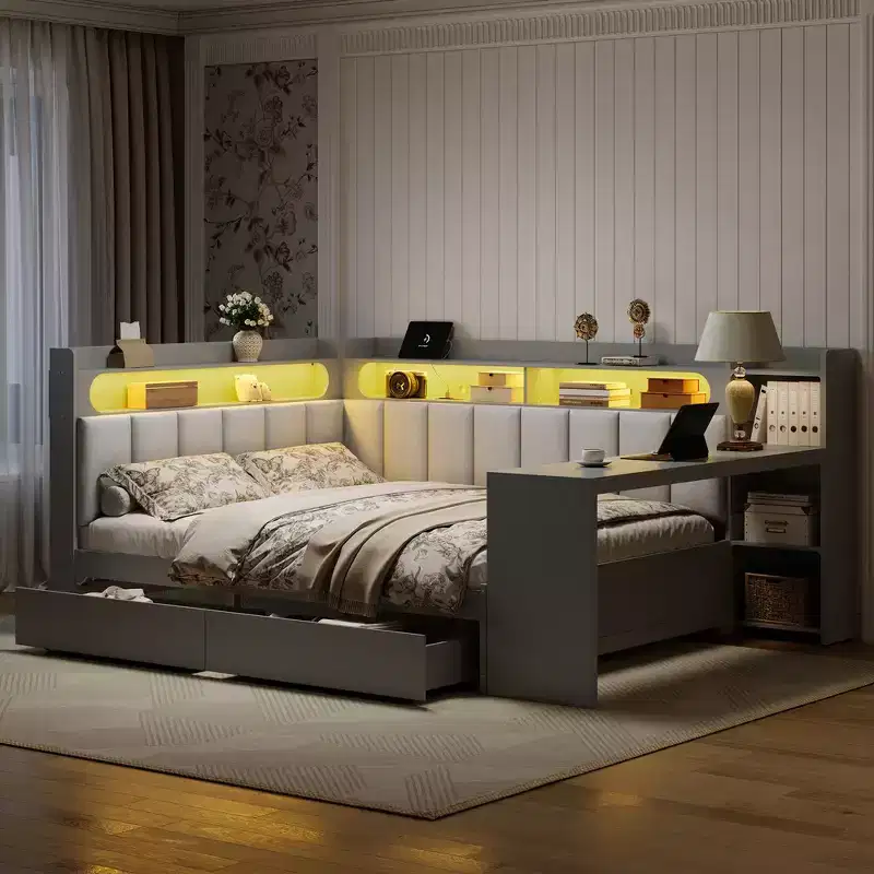 Full Size Daybed with Storage Shelves, Drawers, Charging Station, LED Light, Desk, Upholstered Headboard and Backrest