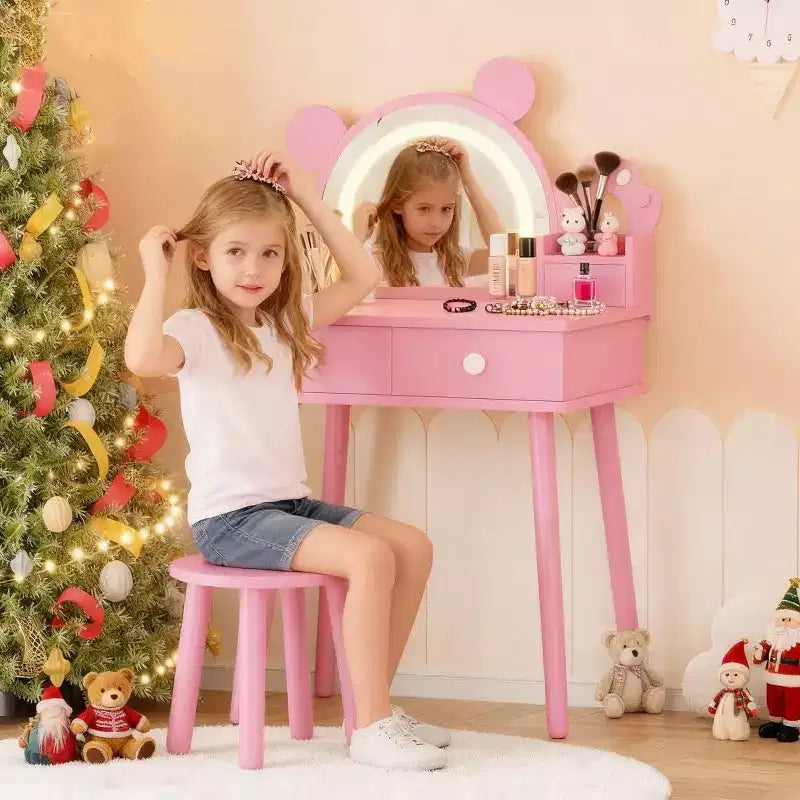 Kids Vanity Table with Lights,Cute Bear Shaped Dressing Tables,Wooden Princess Toddler Make Up Table Set with Storage Drawers &Stool for Little Girls