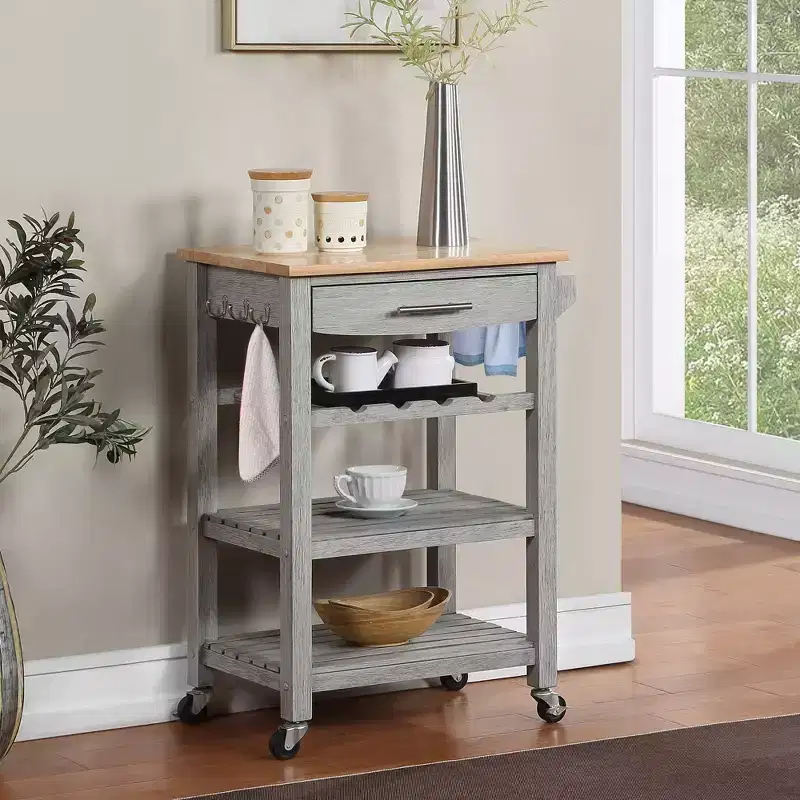 Ellaine 4 Tier Butcher Block Kitchen Cart with Drawer and Wine Rack - Breighton Home