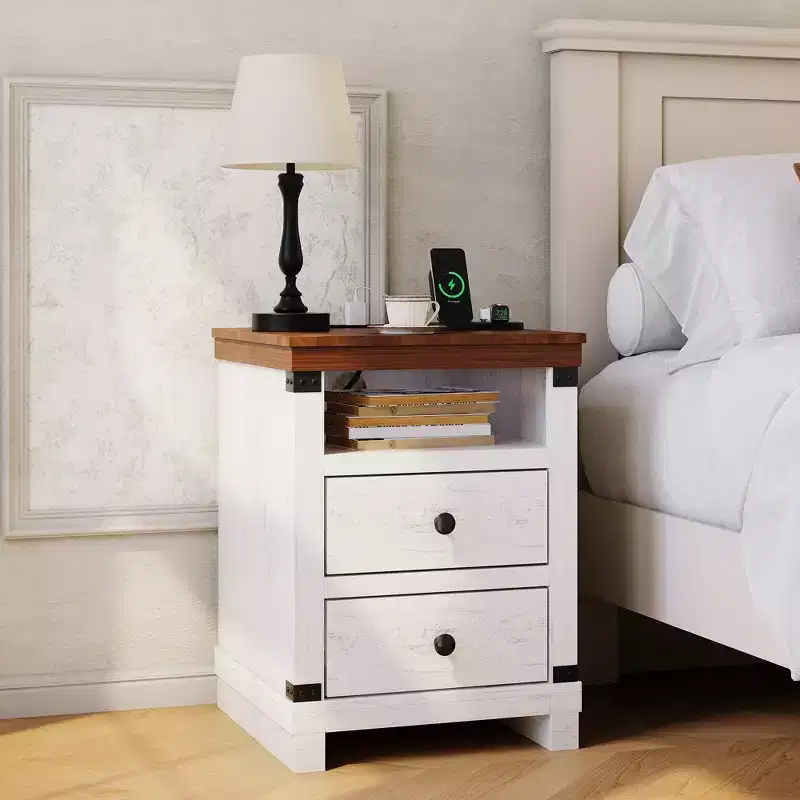 White Modern Farmhouse Nightstand  2-Drawer Bedside Table with USB Charging Station & Open Shelf for Bedroom/Living Room