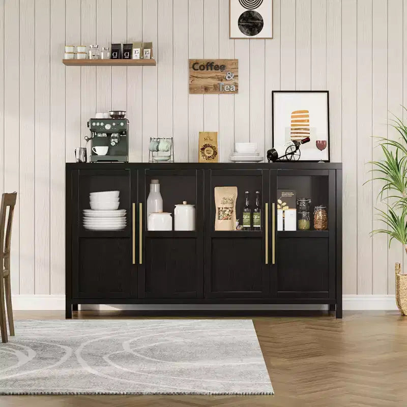55 Large Buffet Sideboard Cabinet with 4 Glass Doors and Shelves, Modern Farmhouse Storage Cabinet Table for Kitchen Dining Room Living Room Hallway