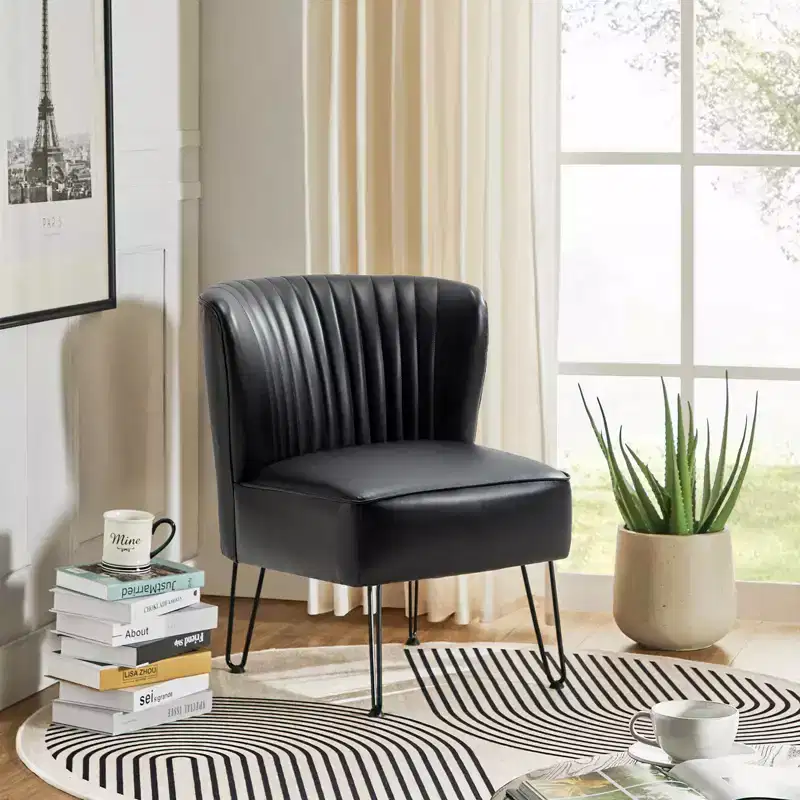 Contemporary Tufted Back Vegan Leather Accent Side Chair with Metal Legs