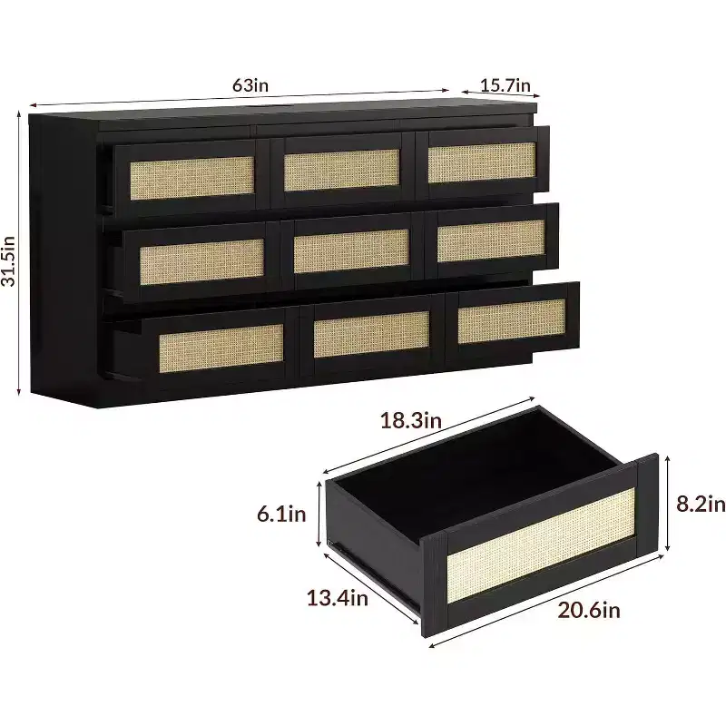 9 Drawer Dresser for Bedroom,63 Inch Long Dressers & Rattan Chest of Drawers,Boho Style,Modern Dresser for,Living Room,Entryway,Bedroom