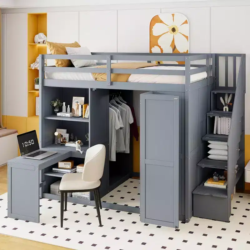 Whisen Full Size Loft Bed, Wardrobe Racks, Foldable Shelves & Desks for Organized Living