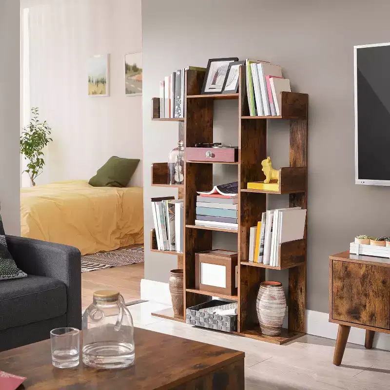 55''H Bookshelf, Tree-Shaped Bookcase with 13 Storage Shelves, Rounded Corners