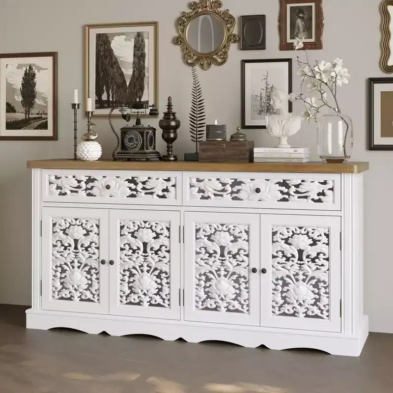 Famapy White Decorative Cabinet Sideboard Accent Cabinet with Hollow Relief - Patterned Doors Bookshelf