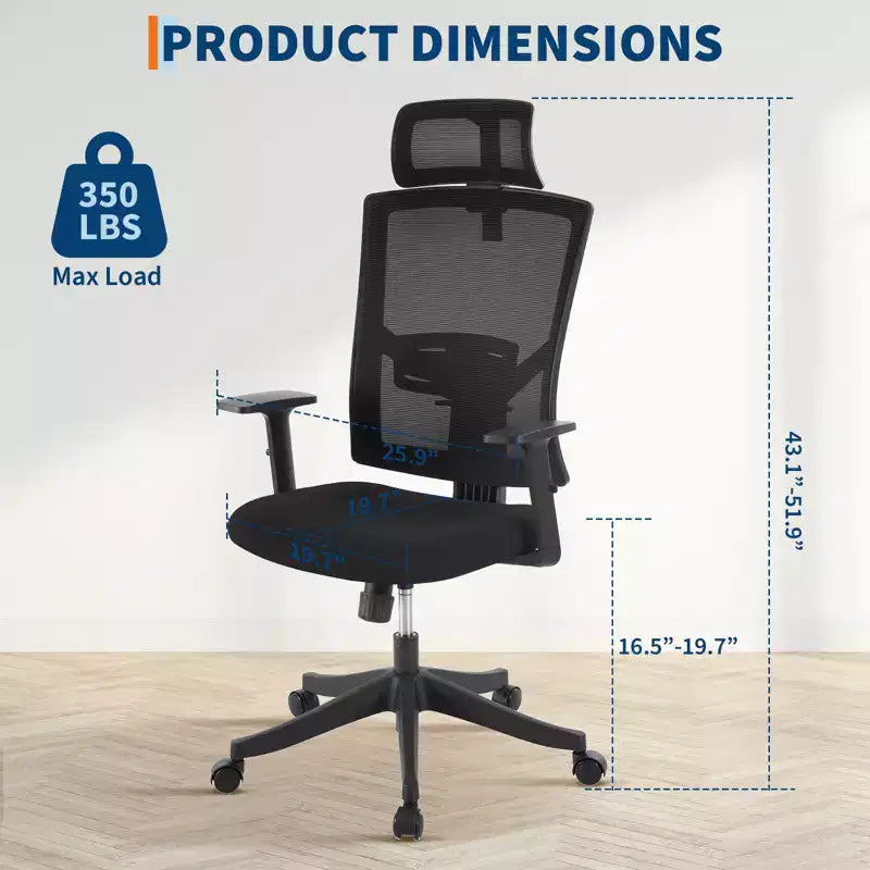 High Back Ergonomic Office Chair, Adjustable Lumbar Support & Headrest, Swivel Task Chair with Up Armrests, Height-Adjustable Rocking Mesh Desk Chair