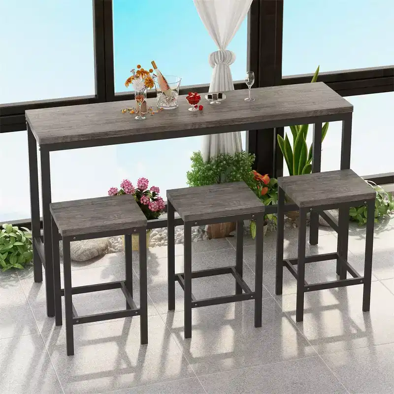 4-Piece Bar Table Set, Modern Rectangular Pub Table & 3 Stools, for Kitchen, Breakfast Nook, Living Room, Apartment  Brown & Gray