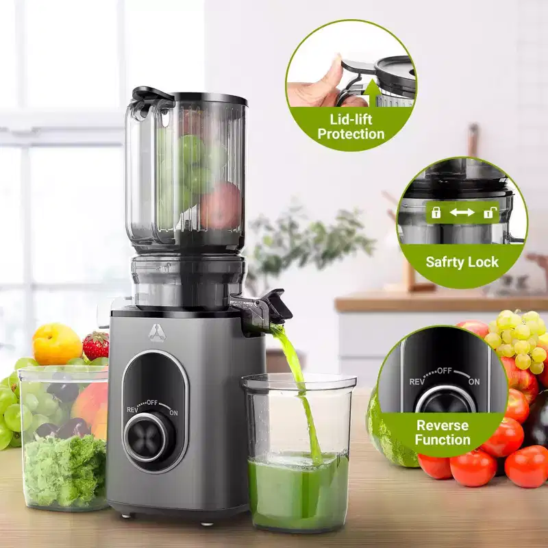 Masticating Juicer with 4.35 in Large caliber for Whole Fruits &Vegetables, 50RPM Slow Cold Press Juicer, Reverse Function, BPA Free, 8-stage Spiral