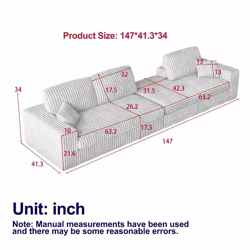 114.5'' Modular Corduroy L-Shaped Sofa with Recliner, 2-in-1 Convertible Floor Couch with Foam Cushions and Neck Support Pillows for Living Room