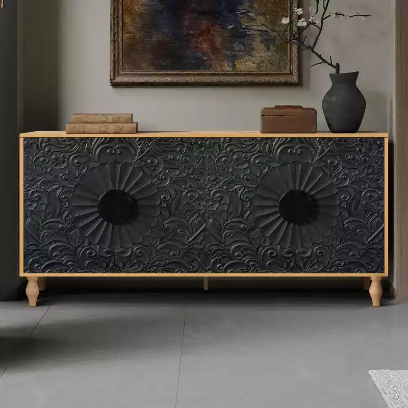 Sideboard Buffet, Wood Floor Cabinet With Carved Flower Door, Metal Handle, Freestanding Sideboard