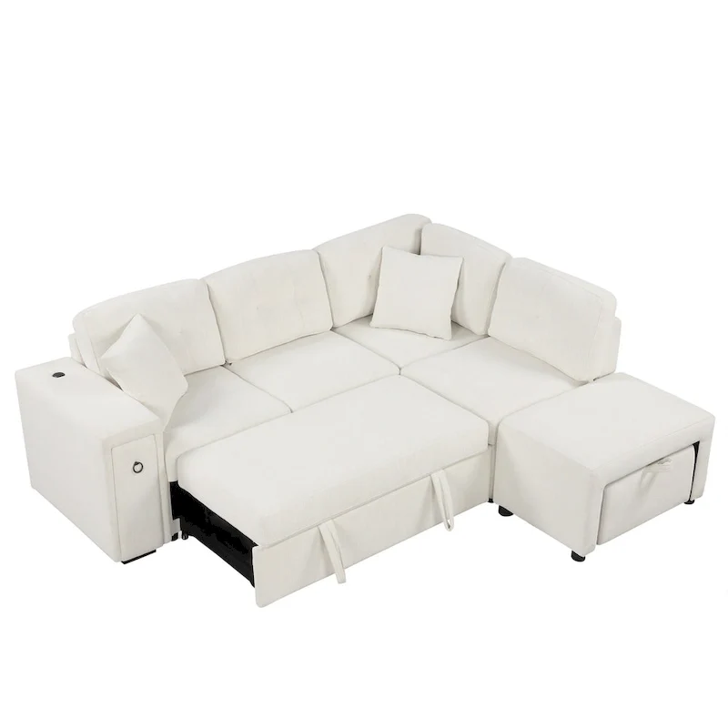 L-Shaped 4-Seat Sectional Sofa with Pull-Out Bed, Ottoman, USB Ports & Drop-Down Table