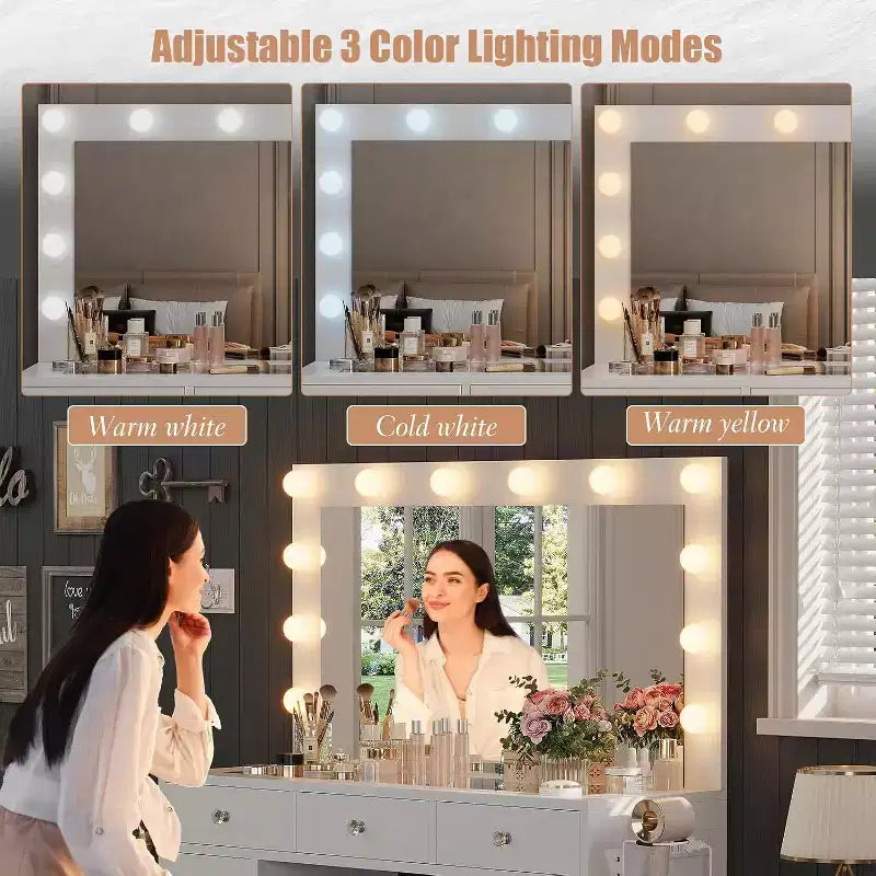 Vanity Desk with Power Outlet & 12 LED Lighted Mirror - 11 Drawers 45 Glass Top Makeup Vanity with 3 Lighting Modes