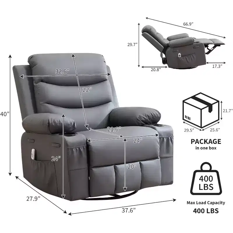 PU Leather Rocker Recliner Chair with Massage and Heat, Swivel Reclining Sofa with Cup Holder, Rocking Chair for Living Room, Bedroom