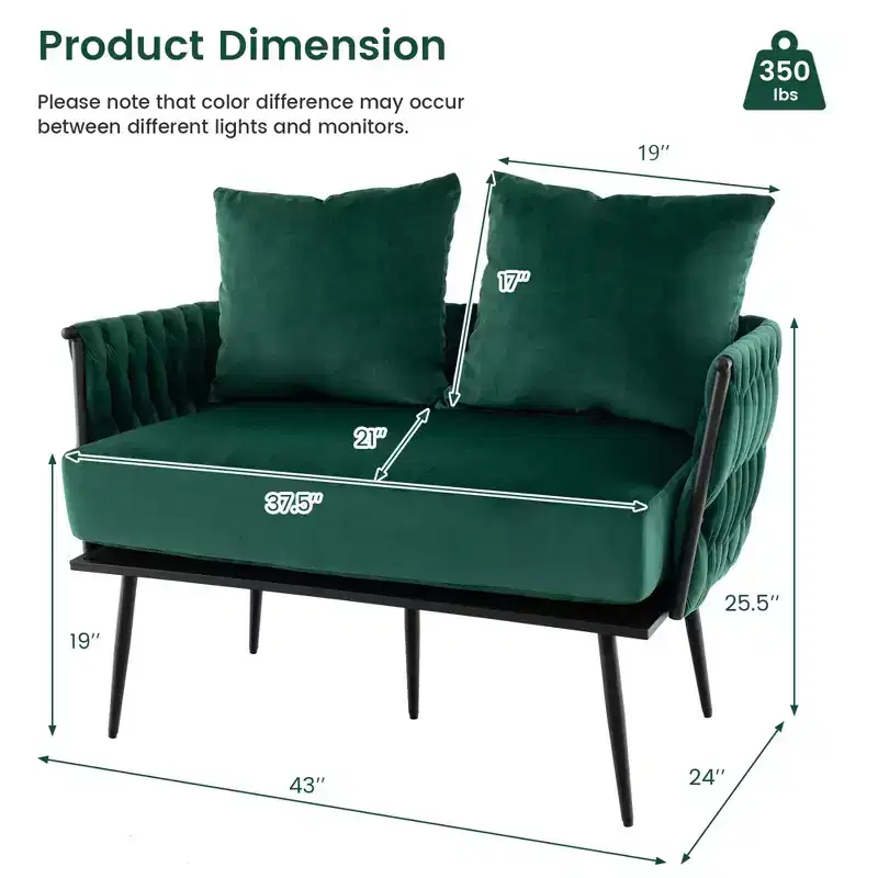 Costway Modern Loveseat Sofa Upholstered Dutch Velvet Couch with Woven Back & Arms Green/Grey