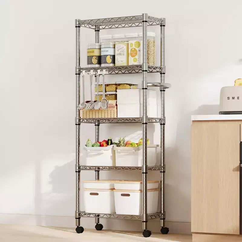 Acekool 5 Tier Metal Storage Shelves with Wheels, 1100 LBS Adjustable Wire Shelving Rack with Side Handle and Locking Wheels, Silver