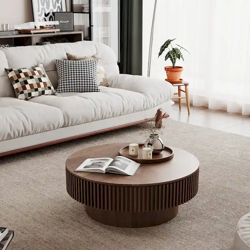 Modern Solid Wood Veneered Round Coffee Tea Table with Storage