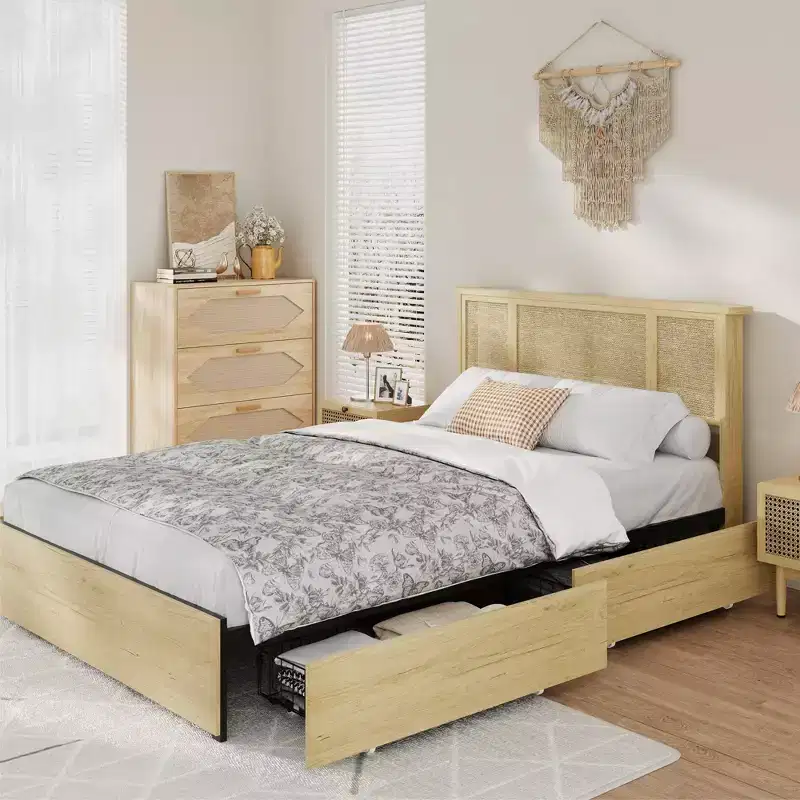Bed Frame with Natural Rattan Headboard, 4 Storage Drawers, Slats, Bohemian-Style Cane Mattress Support, Strong Metal Base with Resilient Wooden