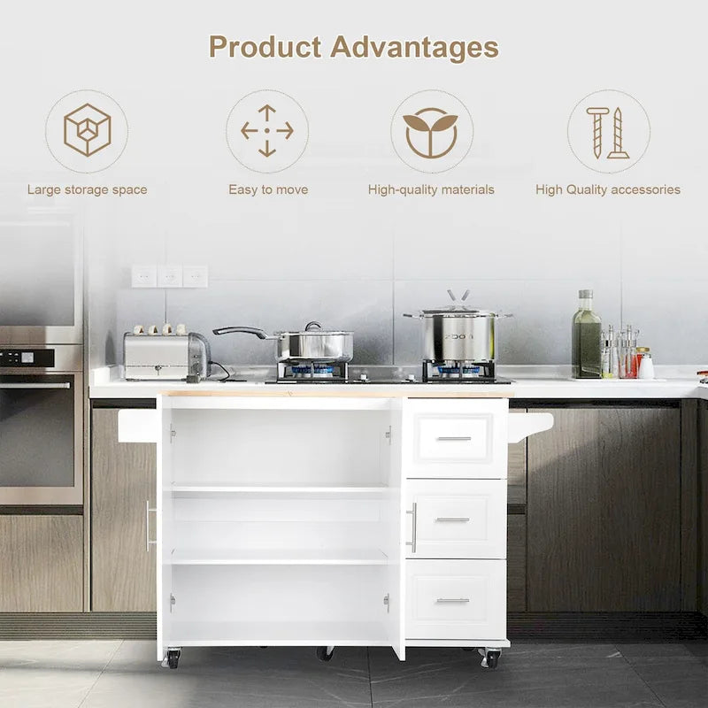 Mobile Kitchen Island & Kitchen Cart,With Extendable Rubber Wood Top and 3 Drawers - 53.93(L) x 17(W) x 36.22(H