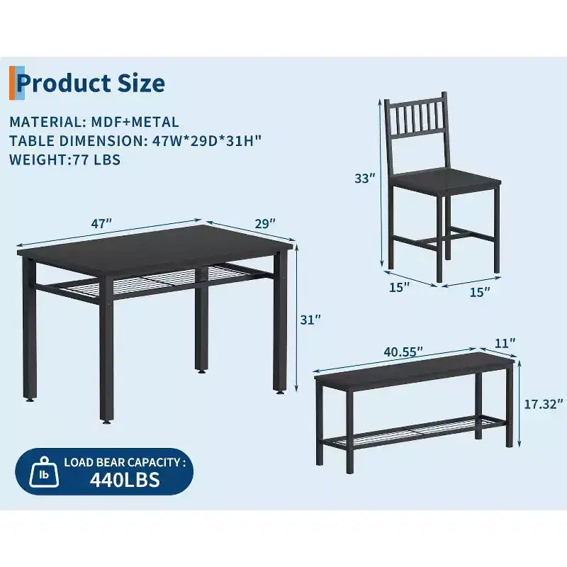 Dining Table Set for 4 People, Kitchen Table, 2 Chairs, Bench & Storage Rack, Metal Frame Dining Furniture, for Dining Room, Kitchen, Apartment