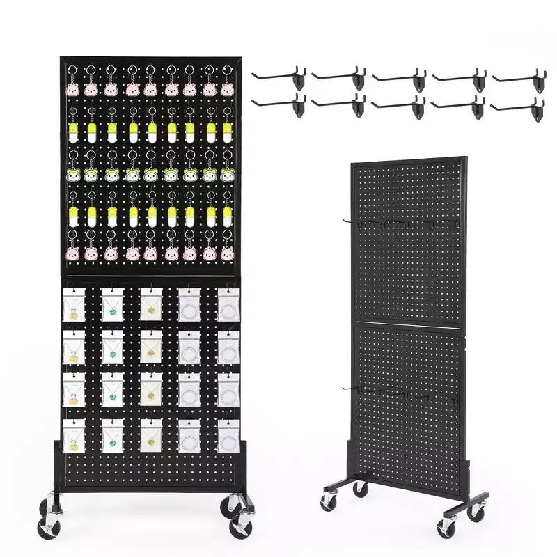 2'5' Standing Pegboard Display Rack with 10 Hooks, Heavy-Duty Metal Floor Peg Board with T-Base for Retail, Craft Shows, Tool Shops