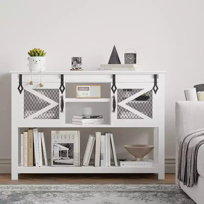 Farmhouse Entryway Table with Sliding Barn Doors, Console Tables for Entryway, Entry Way Table, White