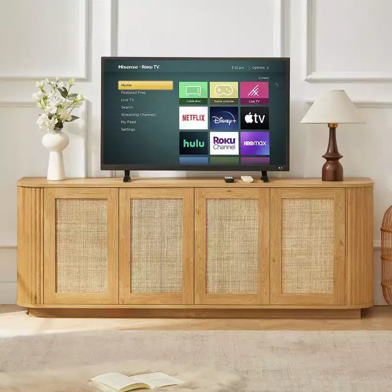 64 Japandi Rattan TV Stand, Media Console with Fluted Rounded Corners and 4 Cane Doors - Panipeachy